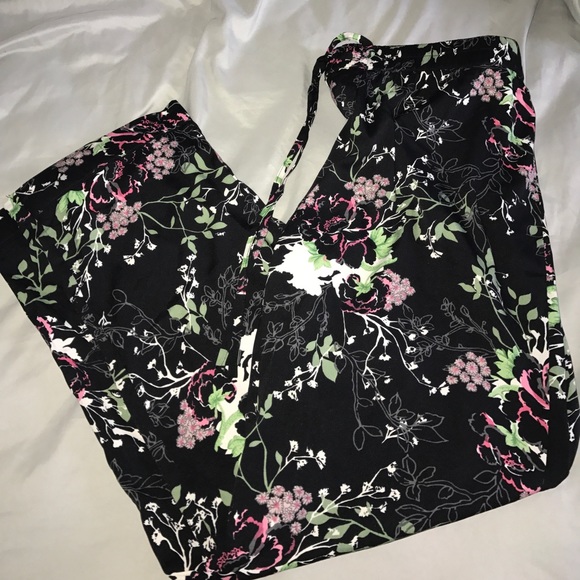 NWT 《 wet seal 》 Black Green Floral Asian Drawstring PJs Pajama Pants Large - Picture 1 of 4